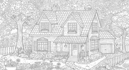 Fototapeta premium Detailed House & Home Building Design Coloring Book: Outline Sketch Doodle Illustrations with Page Drawing Elements