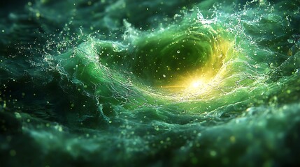 Radiating green fluid blast with scattered water droplets in motion