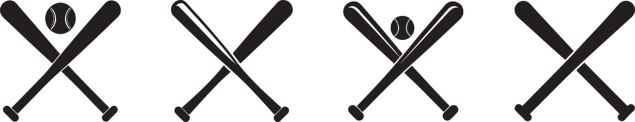 set of crossed baseball bat silhouette, black and white silhouette, vector and illustration