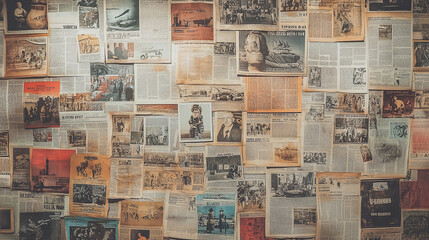 Vintage news collage: A visual tapestry of historical events, photos, and stories. Textured background of aged paper, capturing bygone eras.