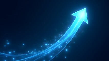 Blue neon glowing arrow pointing upwards symbolizing growth progress on dark background