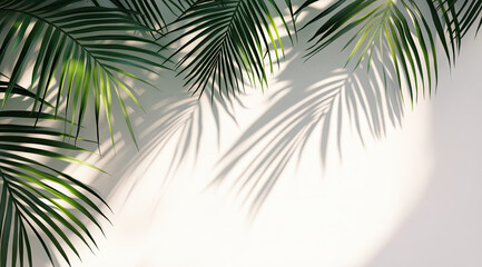 Fototapeta premium Lush green palm leaves casting shadows on a light wall, creating a serene atmosphere.