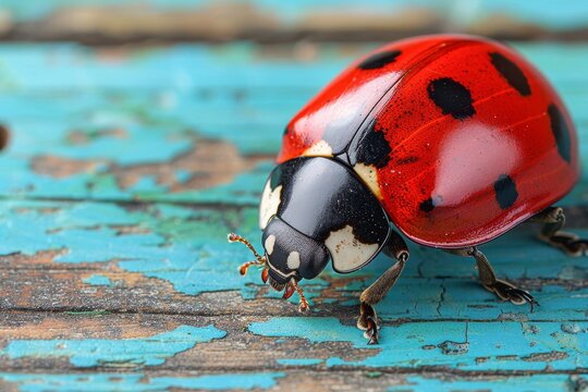 Close up of a vibrant ladybug perched on a wooden surface with a softly blurred blue background