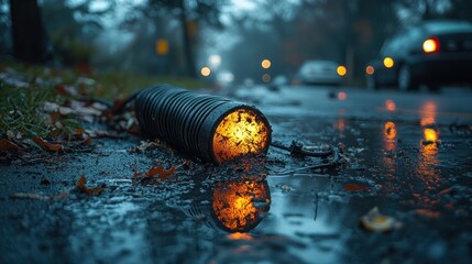 Glowing conduit, rain, street, autumn, reflection, damage, urban, night, repair, hazard