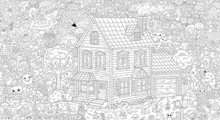 Obraz premium Detailed House & Home Building Design Coloring Book: Outline Sketch Doodle Illustrations with Page Drawing Elements