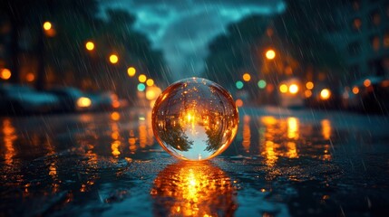 Rainy city night, glass sphere reflecting lights, wet street
