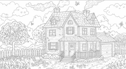 Naklejka premium Detailed House & Home Building Design Coloring Book: Outline Sketch Doodle Illustrations with Page Drawing Elements