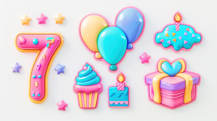 Colorful birthday celebration stickers set with balloons and cakes for festive decoration