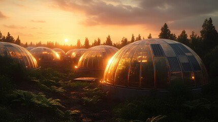 Fototapeta premium The first human colony on Mars. Transparent bio-domes contain lush greenery. Fields of solar panels extend to the red horizon. 8K Ultra-HD cinematic realism, volumetric lighting, sci-fi perfection