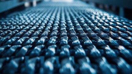 Naklejka premium Close-up of a textured blue material, showcasing intricate weaving patterns that convey a sense of depth and craftsmanship.