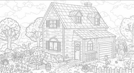 Fototapeta premium Detailed House & Home Building Design Coloring Book: Outline Sketch Doodle Illustrations with Page Drawing Elements