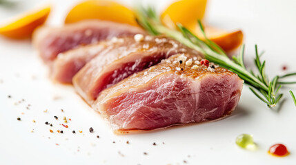 Fototapeta premium Close-up of raw duck breast with seasoning and herbs on white background for culinary art