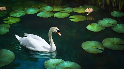 Obraz premium Elegant Swan Gliding Gracefully Across a Tranquil Pond Surrounded by Lily Pads – Generative AI