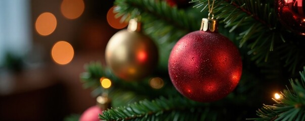 Close-up of shiny red and gold ornaments on a darkened evergreen tree trunk with blurred festive lights , shine, baubles, colorful