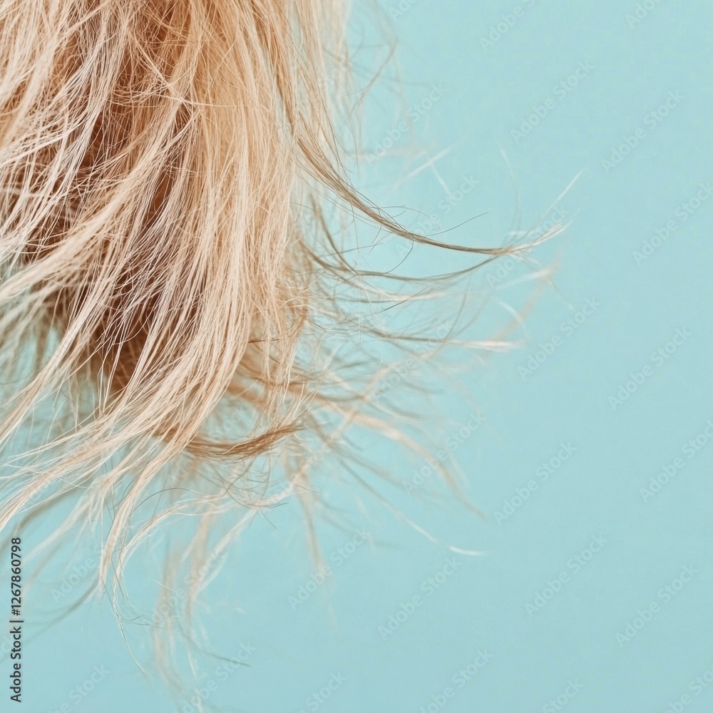 Leinwandbilder close up of frayed hair tips with split ends on a light blue background creating an opportunity for 