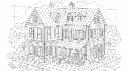 Fototapeta premium Detailed House & Home Building Design Coloring Book: Outline Sketch Doodle Illustrations with Page Drawing Elements