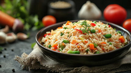 Vegetable rice bowl: A colorful mix of tender vegetables with fluffy rice. A tasty and nutritious meal option. Quick, easy, and vegetarian-friendly.