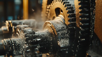 Close-up of industrial metal gears and machinery, showcasing intricate details and the motion of gears in a factory setting.
