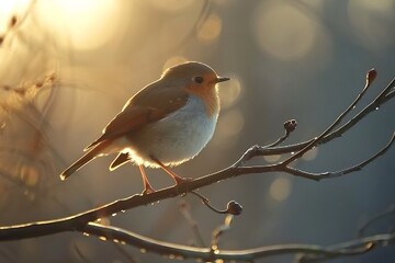 Bird sitting on a branch, with its wings slightly spread and the sunlight highlighting its feathers