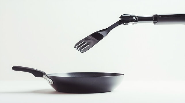 Futuristic kitchen technology: robotic arm with frying utensil for modern cooking automation