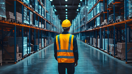 A warehouse worker in a reflective safety vest and hard hat stands in a large industrial storage facility, surrounded by towering shelves of inventory, symbolizing logistics, supply chain, and distrib