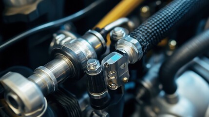 Close-up of a stainless steel engine component with braided hose, showcasing precision engineering and modern automotive craftsmanship.