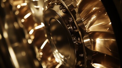 Close-up of intricate metallic components with a polished golden finish, showcasing engineering design and craftsmanship.