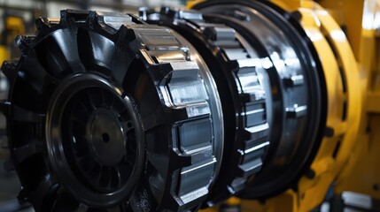 Close-up of an intricate machinery component showcasing the detailed design and engineering of a powerful industrial part.