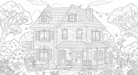 Fototapeta premium Detailed House & Home Building Design Coloring Book: Outline Sketch Doodle Illustrations with Page Drawing Elements