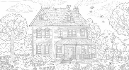 Obraz premium Detailed House & Home Building Design Coloring Book: Outline Sketch Doodle Illustrations with Page Drawing Elements