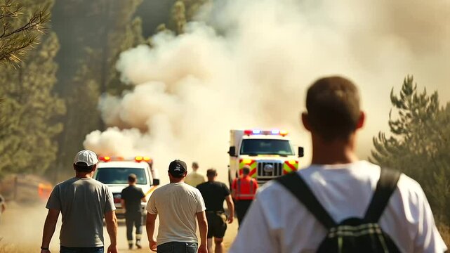 Wildfire Evacuation: People Walking Through Smoke and Ash