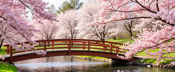 Obraz premium Serene wooden bridge beneath cherry blossoms in spring park, tranquility