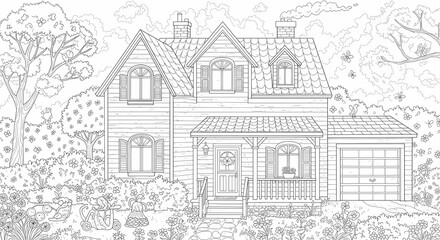 Obraz premium Detailed House & Home Building Design Coloring Book: Outline Sketch Doodle Illustrations with Page Drawing Elements