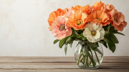 Fototapeta premium Peachy Poppies in Vase on Wooden Table