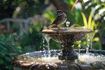 Bird sitting on a garden fountain, with water cascading down and the bird enjoying a refreshing drink