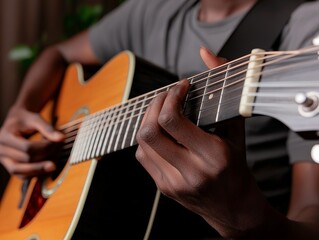 Obraz premium Person playing acoustic guitar at home, blurred greenery background