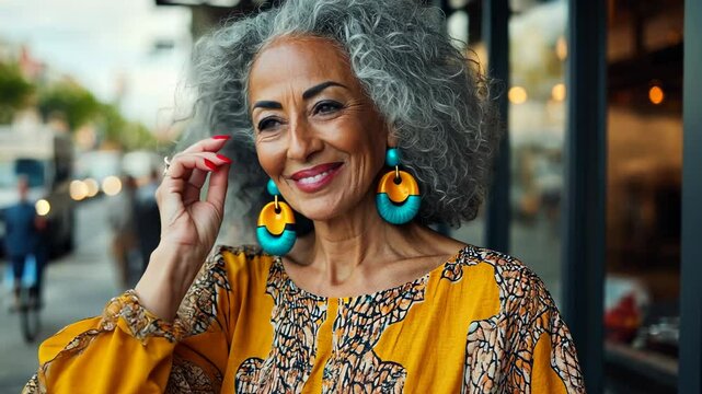 Joyful mixed-race senior woman with gray curly hair wearing vibrant fashion in an urban setting. Celebrating aging gracefully, self-confidence, cultural pride, and timeless beauty.