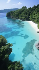 Pristine Tropical Beach, Lush Coastline, Azure Water, Sunny Day