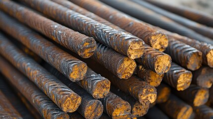 Close-up view of rusty steel rebar stacked together, showcasing the texture and weathering of the metal.