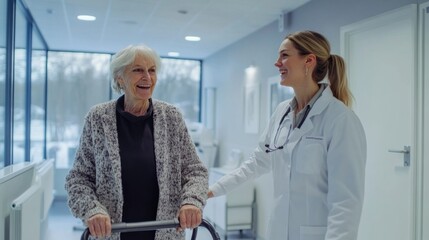 Obraz premium Doctor and elderly woman with a walking frame in a modern rehabilitation center, focusing on healthcare and support