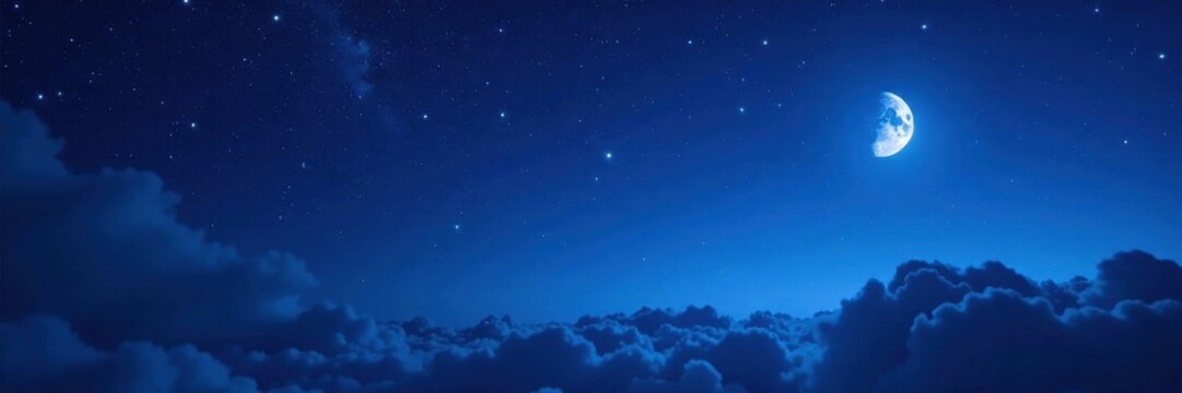deep indigo blue night sky with stars and moon, beauty, universe, moon