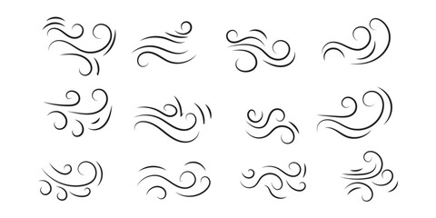 Doodle wind sketch set of line winds. Air, wind, swirl in doodle illustration style. Vector illustration. Black and White color doodle wind line. EPS 10