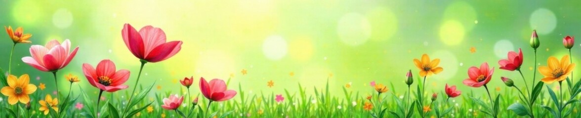 Fototapeta premium Delicate watercolor flowers in a lush green meadow, soft, meadow, green