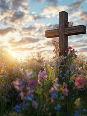 sun rising cross on the hill