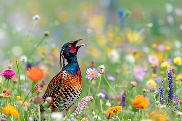 Obraz premium Bird with colorful feathers, standing in a field of wildflowers with a happy, chirping song