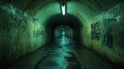 urban city tunnel gritty architecture graffiti walls dark corridor underground passage illuminated by light empty perspective street vibe nobody in frame