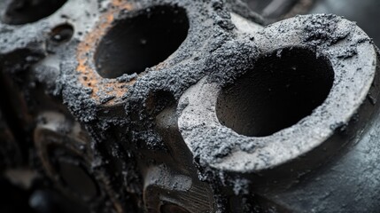Close-up of a worn engine component, showcasing textured black carbon buildup and wear, highlighting the effects of mechanical stress.