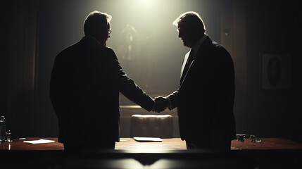 Two men shaking hands at a press conference
