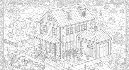 Obraz premium Detailed House & Home Building Design Coloring Book: Outline Sketch Doodle Illustrations with Page Drawing Elements