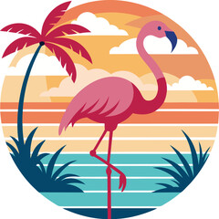 cute pink flamingo with palm trees and a sunset, with beach vector, vector and illustration, vector style 